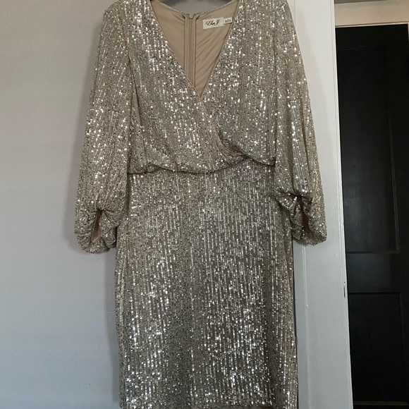 Allover Sequin Faux Wrap Blouson Dress 